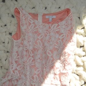 Peach underlay, white lace dress